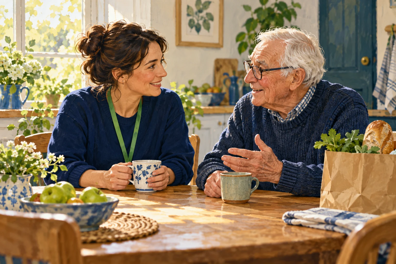 Illustration d’une bénévole et d’un homme âgé partageant un moment d’écoute à une table